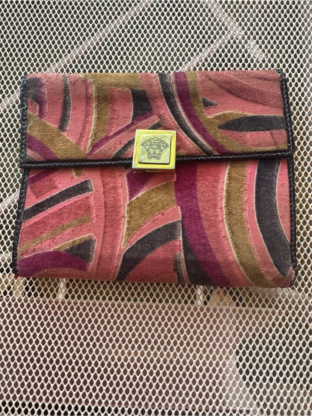 RARE Versace Pink/ Purple Multicolor Velvet wallet with Medusa Accent.